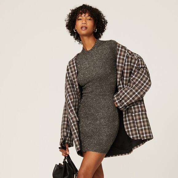 All Saints Long Sleeve  Mini Sweater Dress Metallic Silver Sparkle Sz Medium - Picture 1 of 6